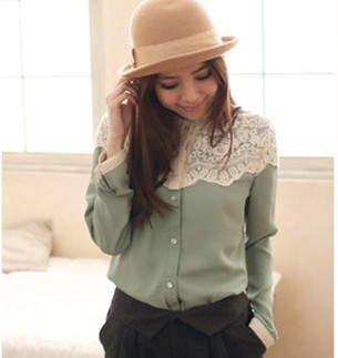 Women's xct sweet lace collar patchwork long-sleeve shirt chiffon shirt female