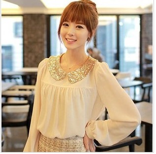 Women's xct sweet paillette turn-down collar loose long-sleeve chiffon shirt female