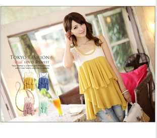 Women's xct sweet vest wave lace patchwork chiffon shirt summer