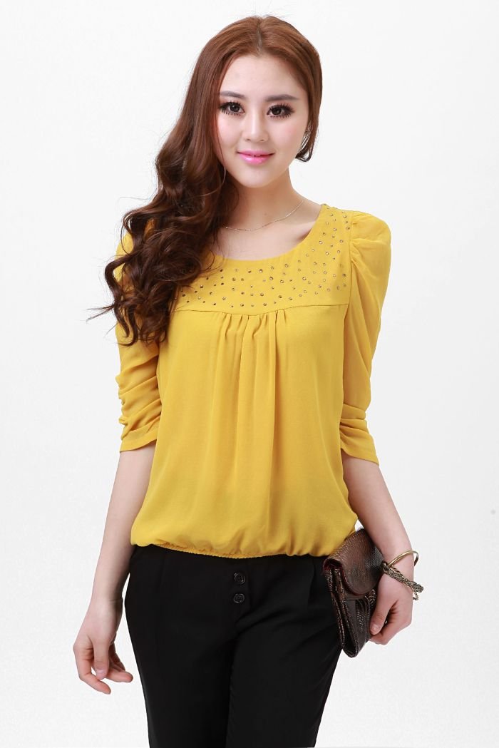 Women's Yellow Crystal blouse/lovely shirt/princess blouse/Ladies Fashion shirt(many color and M-XXL sizes)-Free Shipping