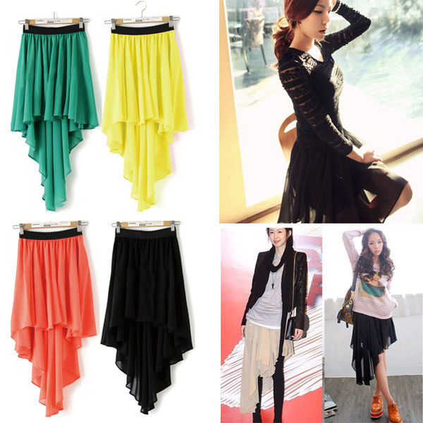 Women Sexy Asymmetric Long Maxi Skirt Elastic Waist Band Chiffon Dance Dress New