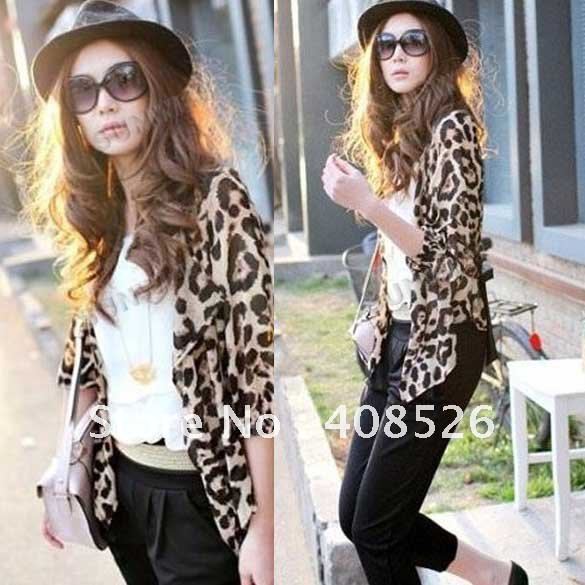 Women Sexy Chiffon Leopard Coat Sleeve Cardigan Fashion Top Blouse free shopping 2518