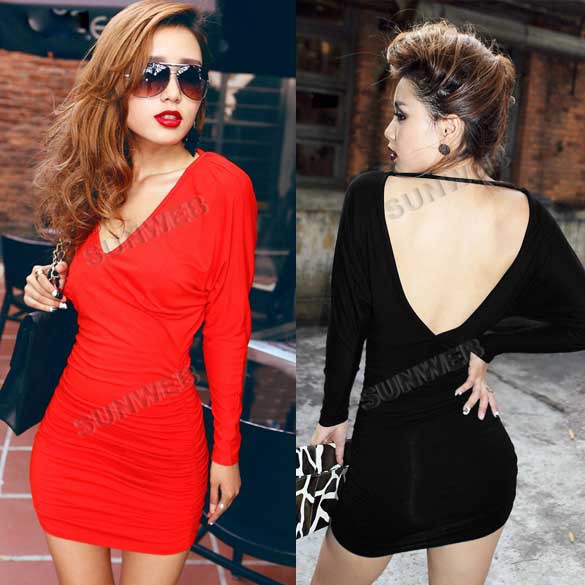 Women Sexy Deep V-neck Long Sleeve Backless Dress Skirt Party Club Dress 3 Colors Free shipping 9175