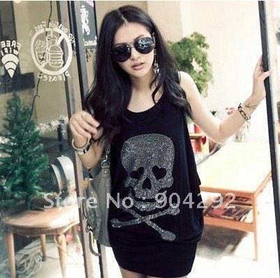 Women Sexy Diamond Skull Skeleton Faux 2 Pcs Double Layer Vest Dress New Korea