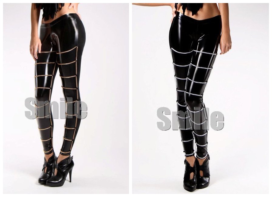 Women Sexy Faux Leather Silver Gold Chain Tights Leggings Punk Clubwear Pants