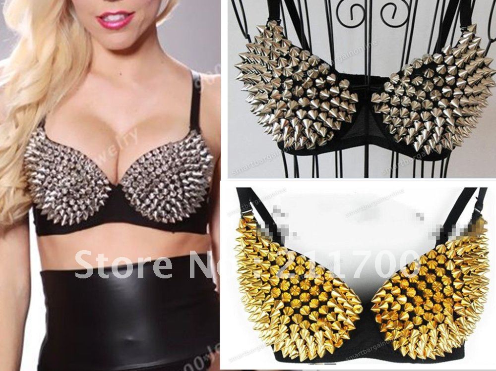 Women Sexy Gold Silver Metallic Tone Gathering Punk Spike Studs Rivet Bra Free shipping