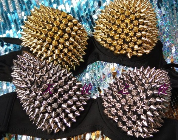 Women Sexy Gold Silver Metallic Tone Gathering Punk Spike Studs Rivet Bra Free shipping