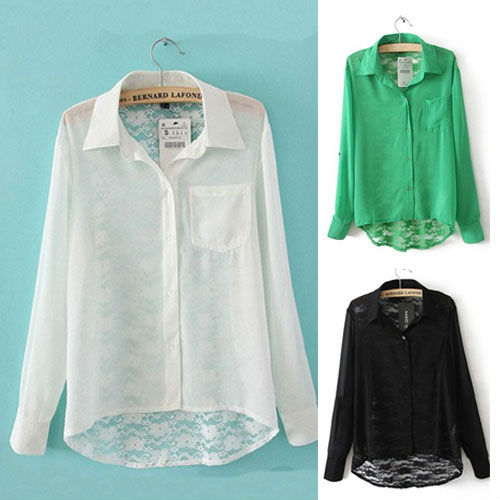 WOMEN SEXY LACE STITCHING CHIFFON PERSPECTIVE LONG-SLEEVED SHIRT BLOUSE 3764