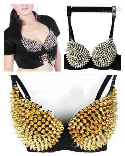 Women Sexy Metallic Gathers Punk Spike Studs Rivet Bra Bralet Clubwear