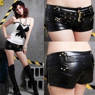 Women Sexy Short Metallic Leather studded Buckle Booty Hot Pants Mini Shorts top quality free shipping