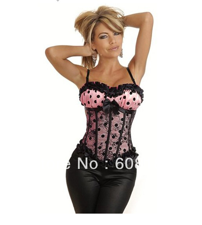 women shaper Corset(overbust)  Sexy Lingerie (bustier + g-string) satin pink 0892 free shipping