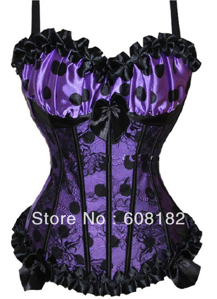 women shaper Corset(overbust)  Sexy Lingerie (bustier + g-string) satin purple 0894 free shipping