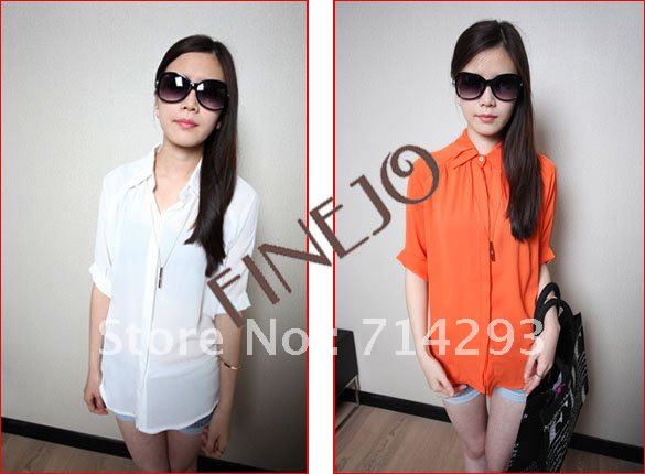 Women Short Sleeve Button Down Shirt See Through Chiffon Blouse Top 2 Colors free shiping 7347