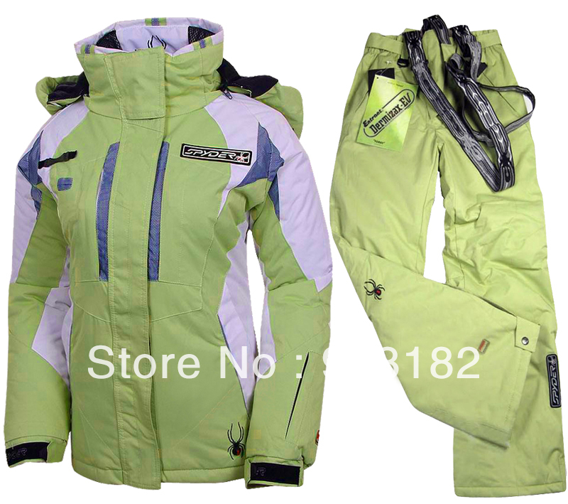 Women Ski Suit Snowboard Winter Parka Green jacket +  Pants  Free shipping Ems express