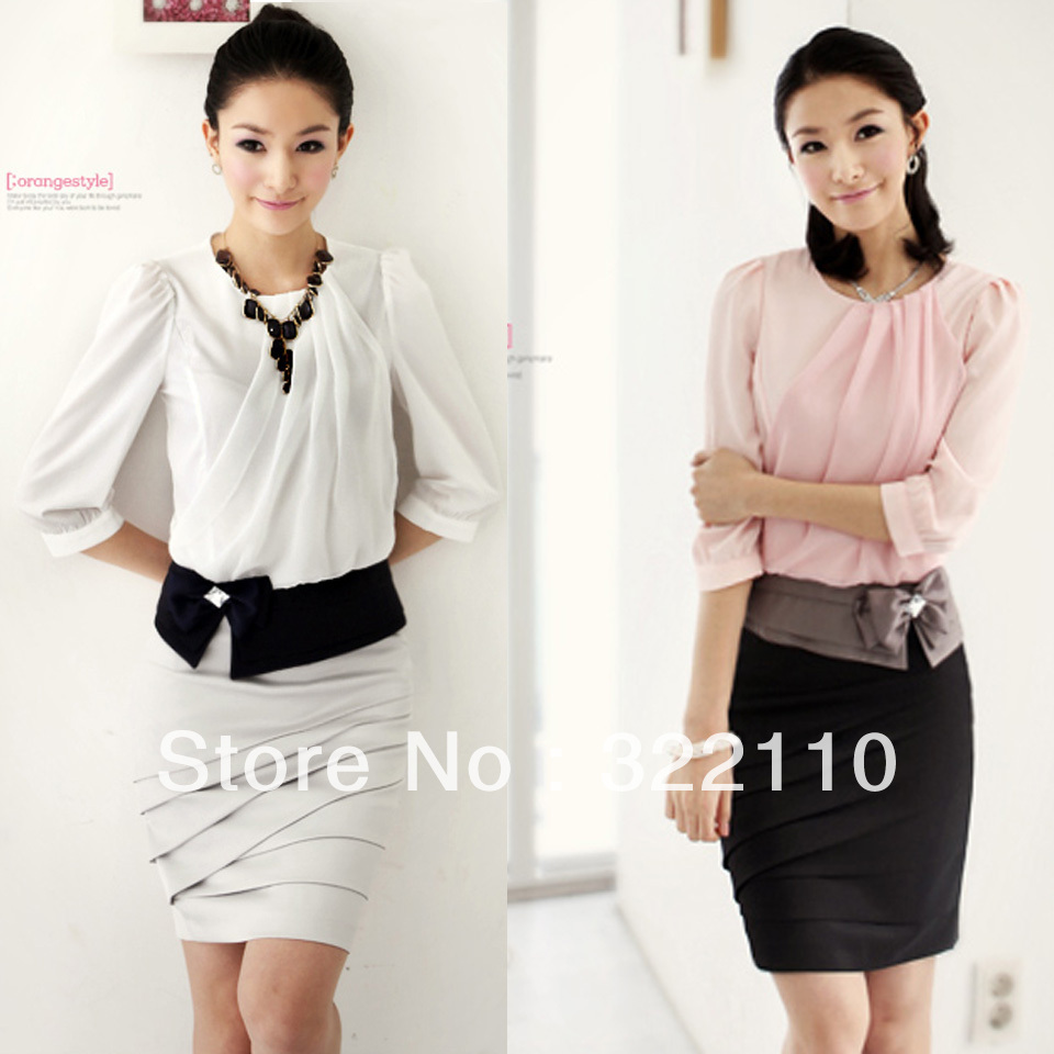 Women Skirt set OL suits Work wear Chiffon skirts 2pcs set High qualty 6 sizes Pink White Casual clothes