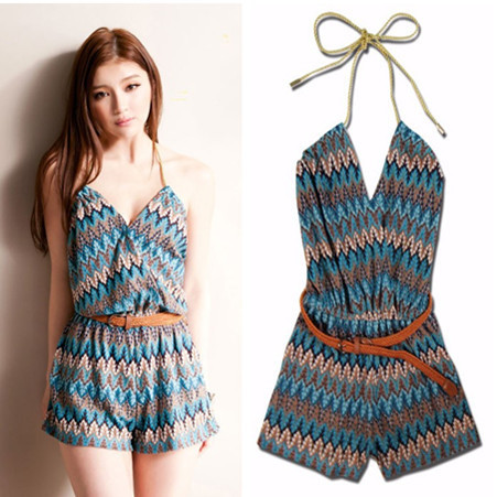 Women sleeveless deep v-neck print jumpsuit shorts W belt Free shipping