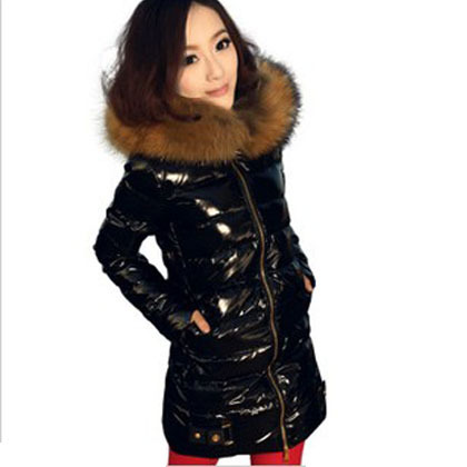 Women Slim Raccoon Fur Collar Winter Warm Down Coat Long Jacket Fashion Outerwear With A Hood ZA110