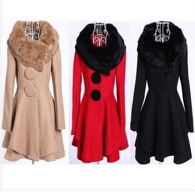 Women Slim V-shaped Artificial Leather Woolen Overcoat Long Coat