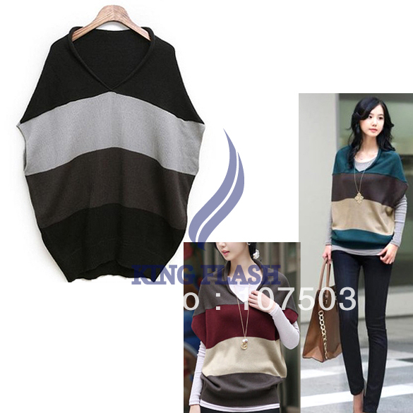 women Stripes Sleeveless Loose wool knitwear sweater weave sweater pullover batwing coat 3 colors Free Shipping 7423