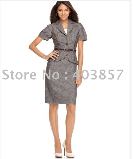 Women Suits  Short Sleeve Belted Ruffle  Jacket & Sailor Button Pencil Skirt  Notched Collar  Two Button    625