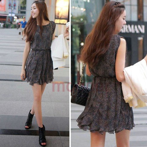 Women Summer Round Neck Flouncing Pleated Slim Above-Knee Dress Casual Tunic E0581