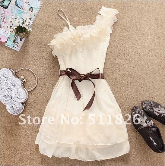 Women Sweet Pleated Party One Shoulder Off Chiffon Dress Hot Sale free shipping 5100