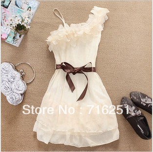 Women Sweet Pleated Party One Shoulder Off Chiffon Dress Hot Sale free shipping 5100