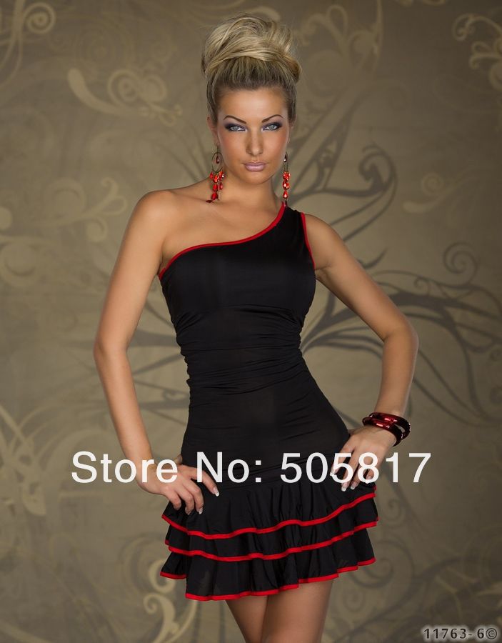 Women Sweet Pleated Party One Shoulder Off Cotton Dress Hot Sale free shipping Red Black 2 colors M94