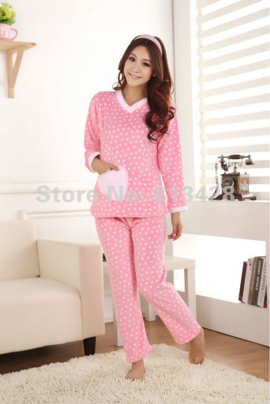 Women thickening pink/stripe/Cow lines nightgown women's coral fleece sleep set lounge