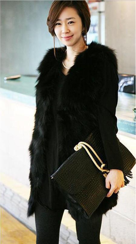 Women Tide Gorgeous beautiful Long sleeve faux fur Black Vest Jacket Ecnomic