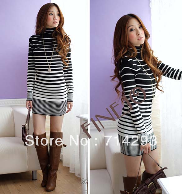 Women Turtle-neck Black-White Strips Render Pullover Sweater Dress Free shipping 8498