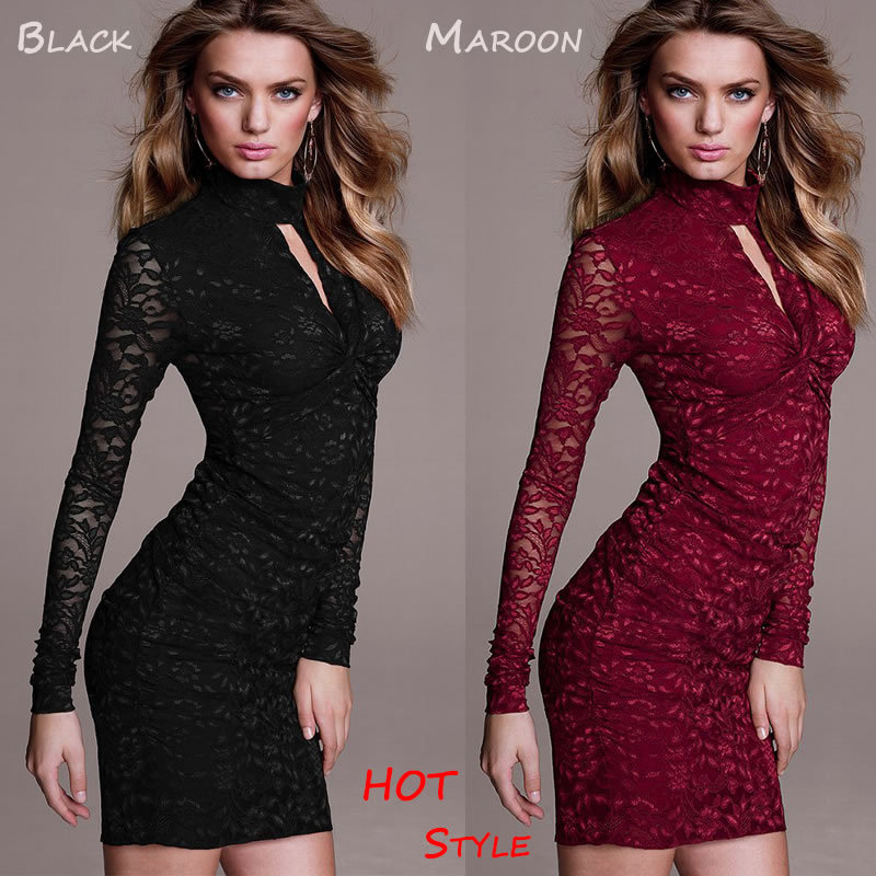 Women Turtleneck Slim Long Sleeve Sexy Lace Dress,Sweet Lace Hollow Splice Sexy Underwear,Free Size,