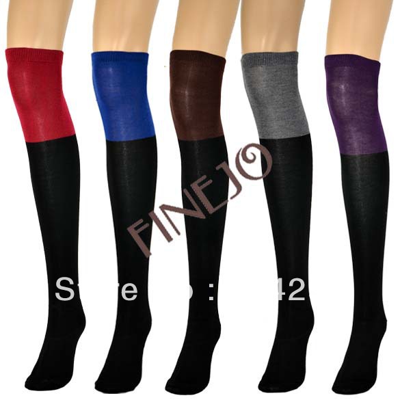 Women Two Tone Over Knee Socks Cotton High Legging Stocking 5 Colors Free shipping 8147