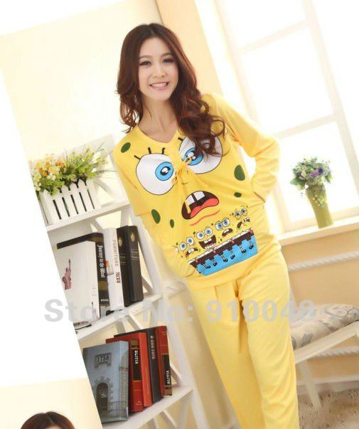 Women V-neck long sleeve knitting cotton Sponge bob pajamas / lady leisure sleepwear / free shipping