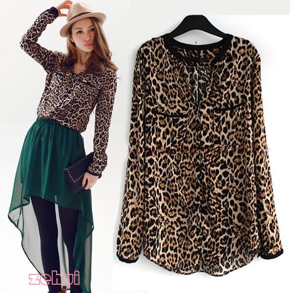 Women Vintage Europe Casual Leopard Softly Long Sleeve Western Tops Shirts New Size S M L  CY0263