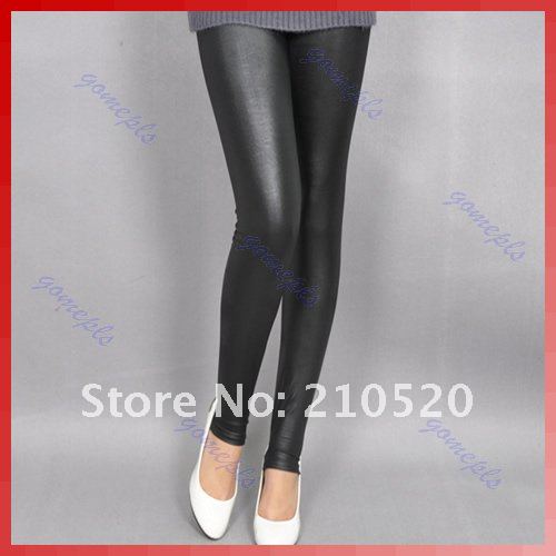 Women Vintage Imitation Leather Leggings Health Massage Pants Stockings Black