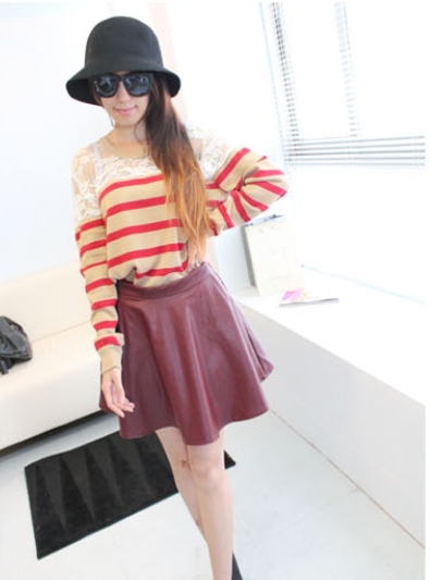 women Vintage PU Leather High-waist Pleats Short skirt A-line skirts Ball Gown skirt