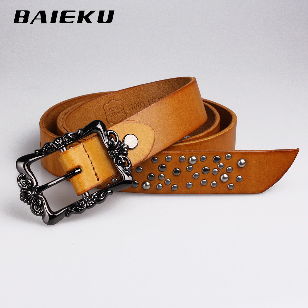 Women vintage rivet genuine leather belt women's cowhide strap all-match belt female