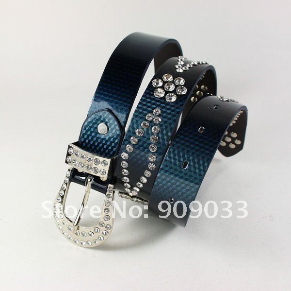 Women Waist Belt Casual Lady's Waist Belt with Rhinestones Leather Blue FreeShipping 900301-XIANGUO005