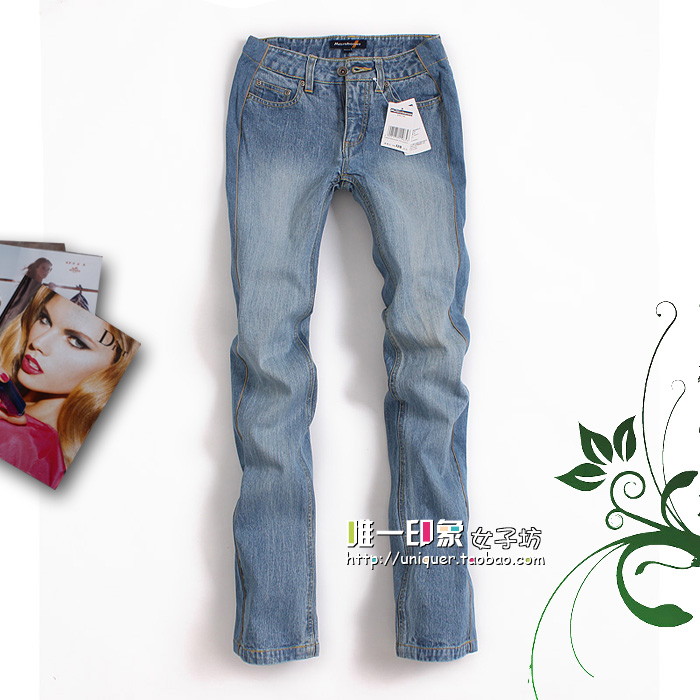 Women water wash wearing white retro finishing casual straight denim trousers - 4322