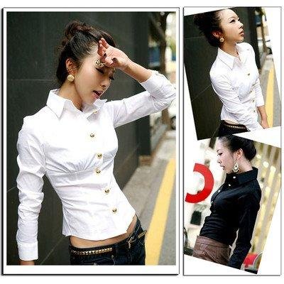 Women White Black Shirt Cotton OL Slim Sexy Elegant Pleated Top Career