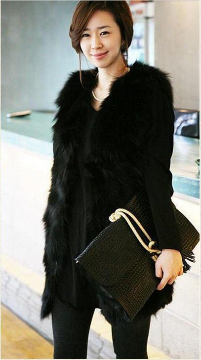 Women Winter Fashion Black Warm Faux Fur Long Vest Jacket Coat with Belt