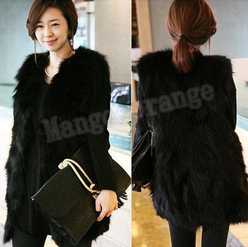 Women Winter Fashion Black Warm Faux Fur Long Vest Jacket Coat with Belt