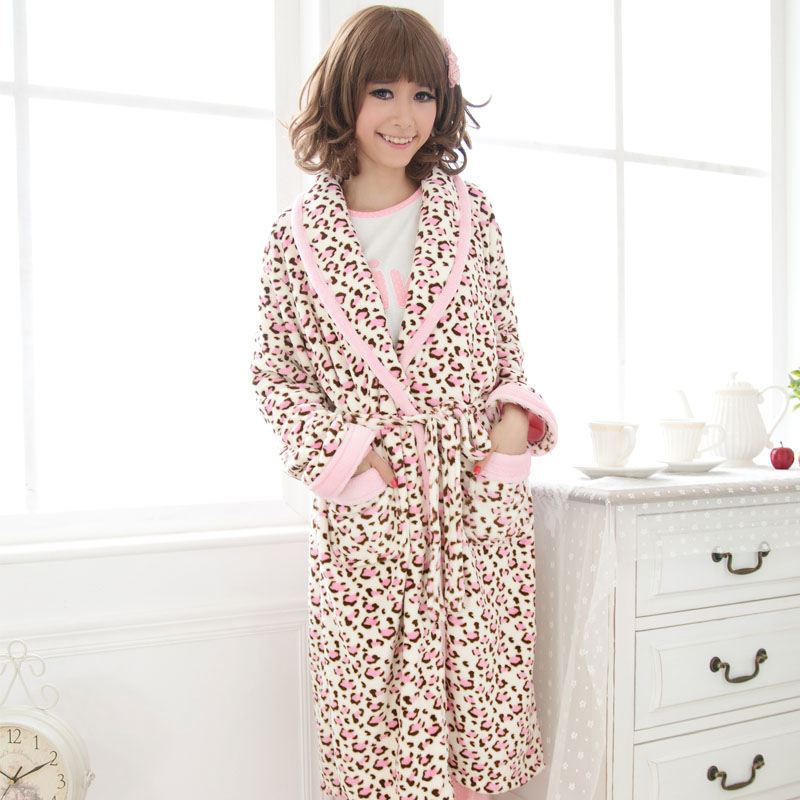 Women winter ultra soft coral fleece princess pink leopard print robe lounge sleepwear