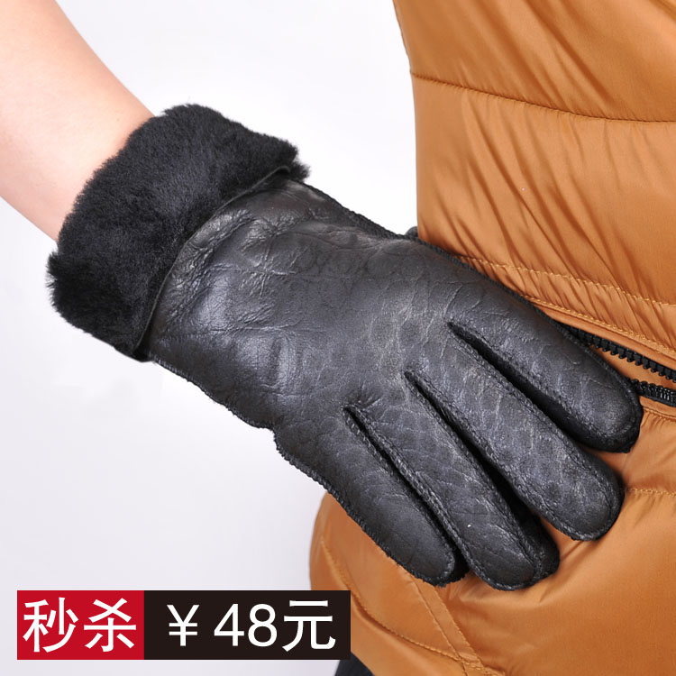 Women wool and fur in one genuine real fur leather gloves women's thermal gloves