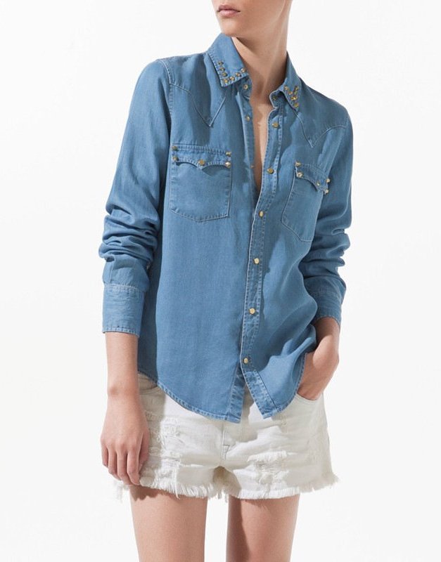 Women ZA**Studs Collar Casual Denim Shirt, Lady Jeans Blouse, Freeshipping