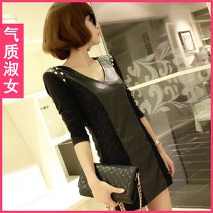 Womens 2012 new autumn and winter European wind slim lace leather stitching long sleeve winter dress / women dress