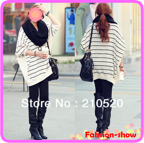 Womens Batwing Crew Neck Striped Oversized Loose Knitted Jumper Sweater Tops New Free Shipping