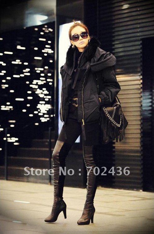 Womens Black Detachable Fur Collar Cotton-padded Jacket Coat SIZE S M L XL