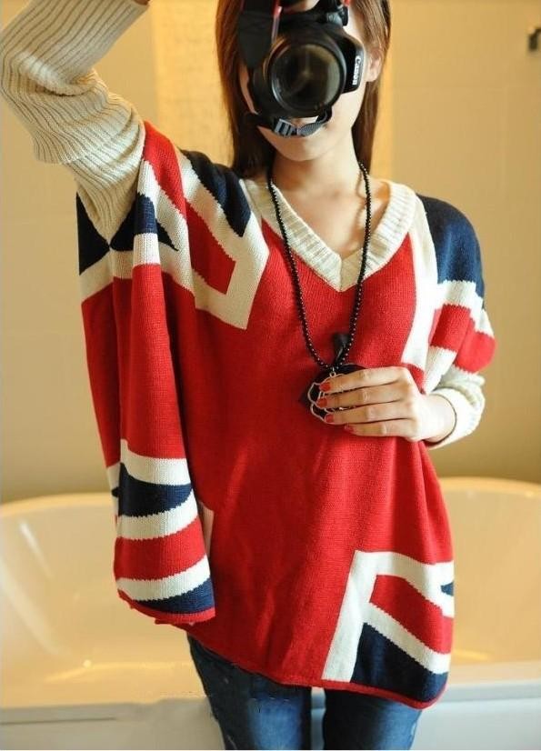 Womens British National Flag Design Batwing Asymmetric Sweater Cardigan Shirt